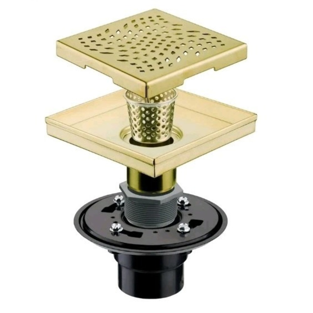 Gold Brushed Shower Drain with Flange  SUS 304 Stainless Steel 6 Inch Square Sh